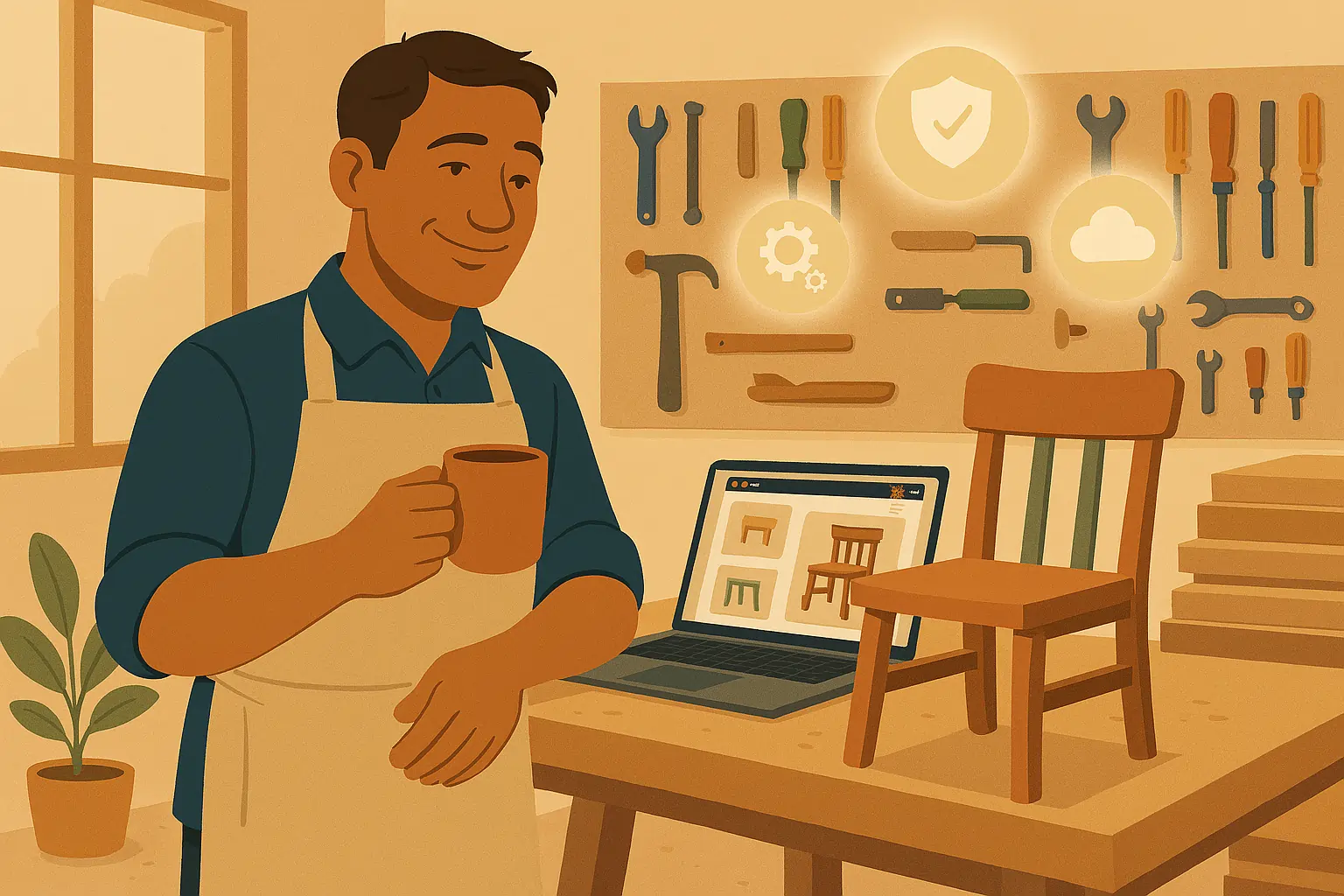 Illustration d'un artisan serein dans son atelier, profitant de la tranquillité d'esprit offerte par le service de maintenance de site web tout compris de Monwebmestre