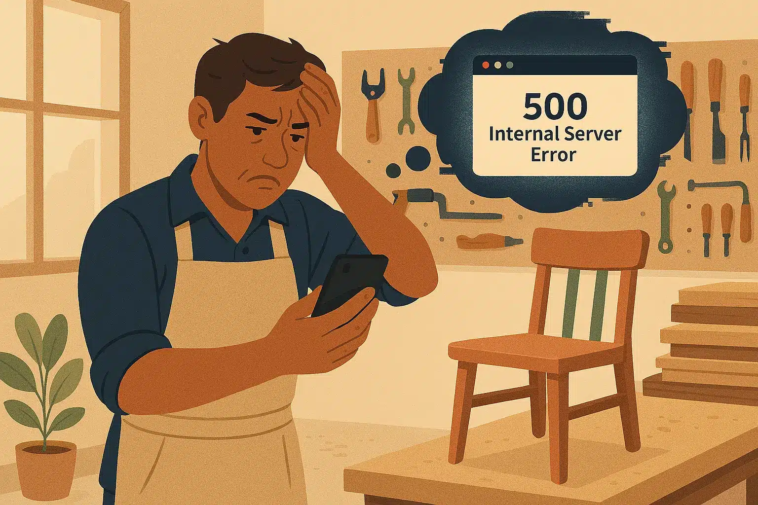 Illustration d'un artisan entrepreneur frustré par une erreur "500 Internal Server Error" sur son site web, l'empêchant de se concentrer sur son travail